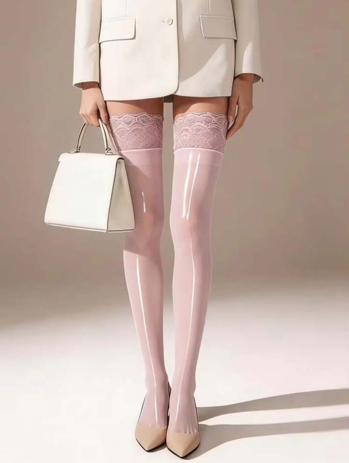 Women’s Glossy Pink Thigh-High Stockings with Lace Top – Sheer Stretch Over-the-Knee Hosiery